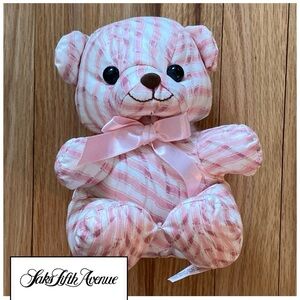 NWOT Saks Fifth Avenue Vintage Pink/White w/It. tan Striped Bear, stuffed muslin